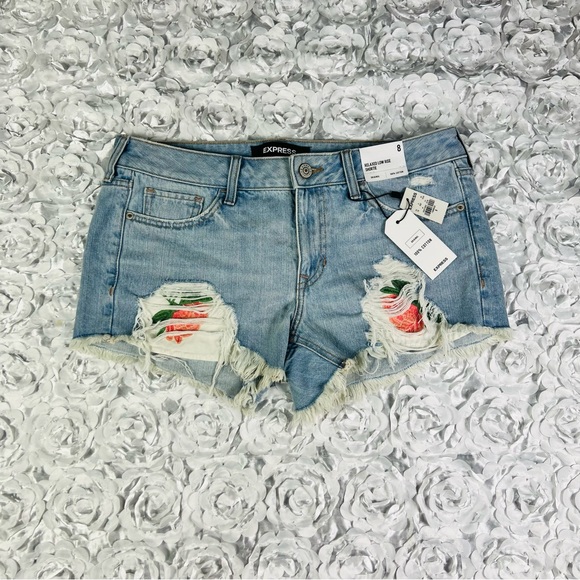 Express Pants - NWT Express Relaxed Low-Rise Shortie Distressed Floral Embroidered Denim Shorts